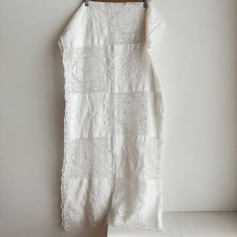 Vintage White Cotton Crochet Lace Embroidered Squares Table Covering Cloth